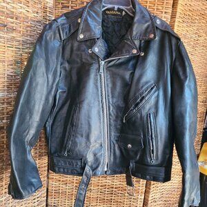 Vintage Yamaha Black Leather Jacket Quilted Lining SZ 48 Pockets Built in Belt
